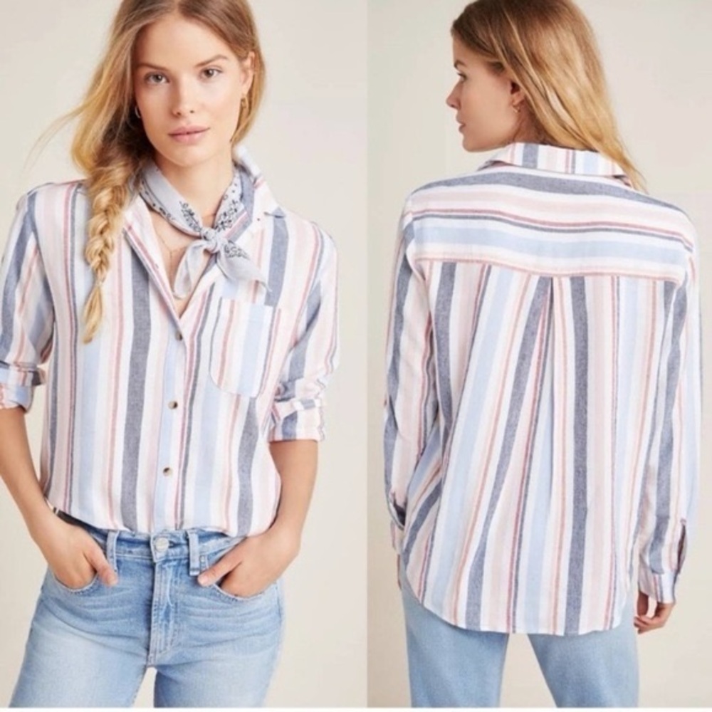 Anthropologie Striped Button-Up Shirt - Blue, Pink, White